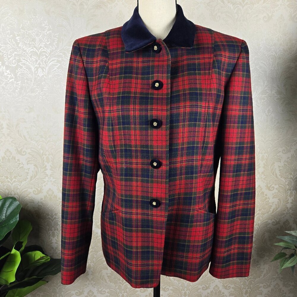 Pendleton Sz 8 Red/Green/Blue Plaid 100% Wool Blazer Button Front Pockets Collar